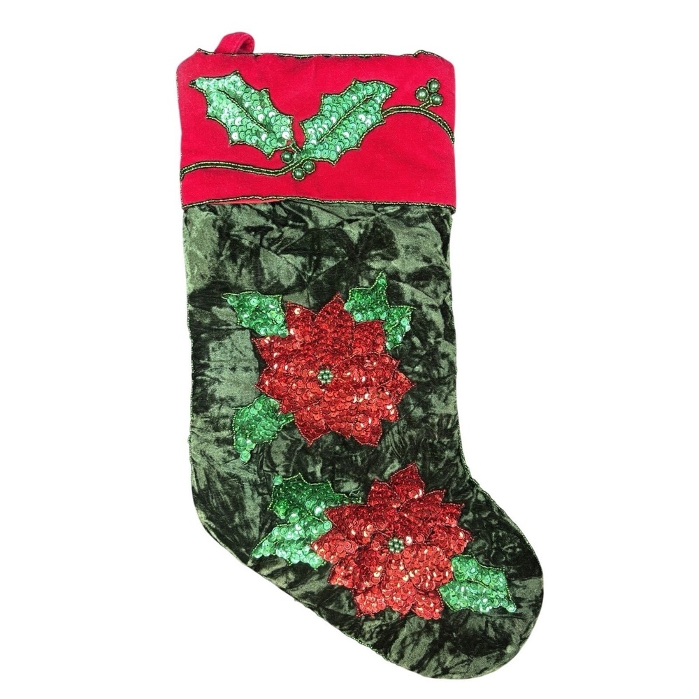 Green Crushed Velvet Glitzy Sequined Poinsettia Christmas Stocking